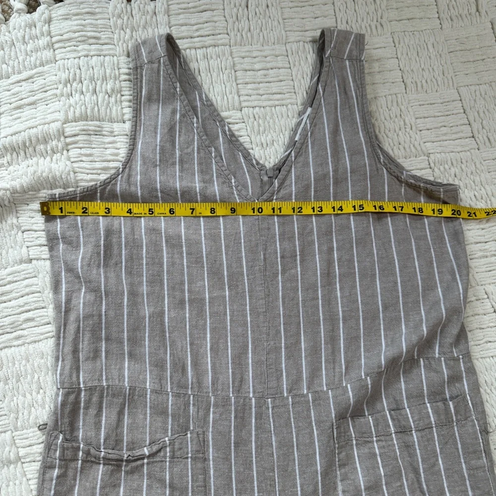 Beachlunchlounge cotton linen taupe and white vertical striped wide leg jumpsuit